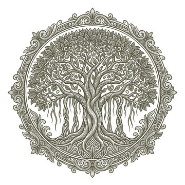 Intricate Tree of Life Illustration in Vintage Engraving Style within Ornate Circular Filigree Frame