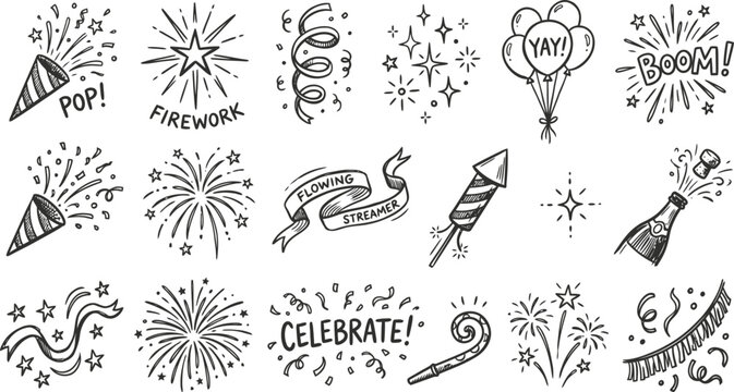 Hand drawn celebration party doodles, set of 18 festive line art icons, black and white fireworks and confetti vector illustrations for events