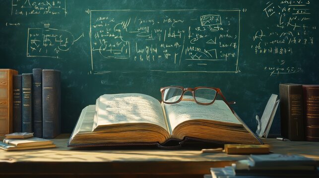 Open book, glasses, chalkboard equations, old books, classroom study