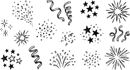 Hand drawn party confetti and firework doodles, black ink celebration star and streamer vector set, festive decorative elements for greeting cards © Dr Nadeem