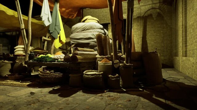 Sunlit market stall stacked with fabrics and sacks, colorful awnings casting warm patterns, sunbeams highlighting woven textures and pottery, lively alleyway