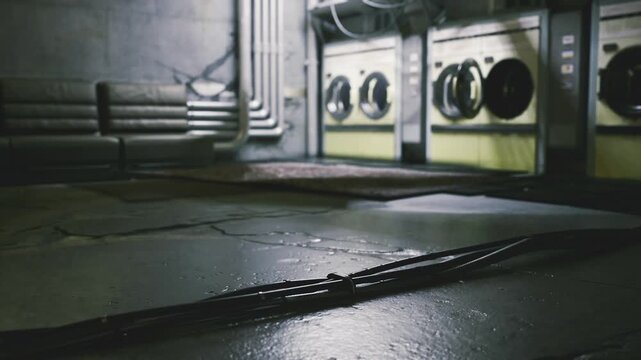Vintage laundromat perspective focusing on floor and machines, worn tiles and cable traces, muted palettes and soft highlights convey nostalgic urban realism