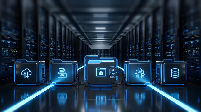 Secure data storage modules displaying cloud sync and encrypted folder icons connected in modern data center environment for enterprise backup solutions