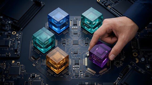 Electronic engineering concept showing hand assembling glowing data modules onto a complex computer motherboard for advanced processing power