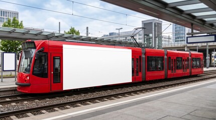Fototapeta premium Modern red tram with blank side panel. Empty billboard on public transport for advertising mockup.