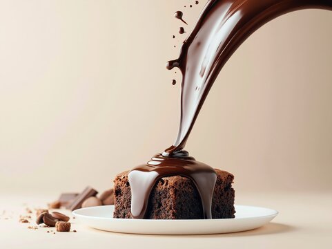 Close-up of thick melted chocolate pou over a freshly baked chocolate brownie on a white plate with scattered chocolate pieces on a light beige background