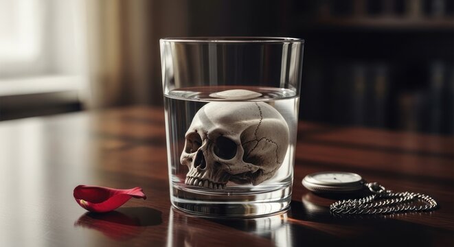 Skull in glass of water with rose petal and pocket watch