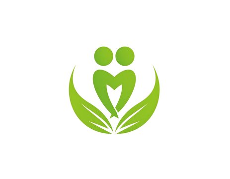 A green logo featuring two rounded human figures forming a heart, surrounded by leaf-like shapes