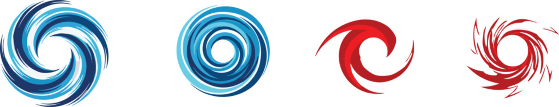 Abstract Typhoon and Cyclone Swirl Vector Icon Pack with Blue Water Wave and Red Fire Vortex Elements for Weather Forecast and Energy Logo Designs
