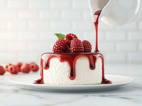 Delicious creamy cheesecake with fresh raspberries and vibrant red berry sauce being poured over the top on a white plate with a modern kitchen background