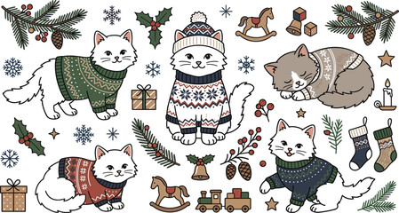 Christmas cats vector illustration set wearing Nordic fair isle sweaters and winter hats for cozy holiday season greeting card design © AntarChandra