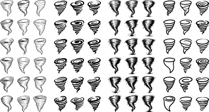 Tornado and Twister Doodle Sketch Vector Element Pack with Hurricane Swirl, Cyclone Vortex, Whirlwind, and Storm Symbols for Meteorological Disaster Designs
