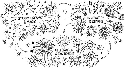 Hand drawn doodle set of stars, fireworks and light bulbs. Celestial starry dreams and magic elements. Innovation sparks and celebration excitement icons. © Dr Nadeem