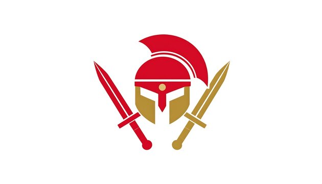 A graphic design featuring a stylized red and gold ancient warrior helmet with two crossed swords