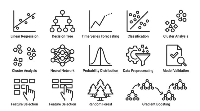 Machine Learning Icons Set: Data Science, AI, Algorithms, and Analysis