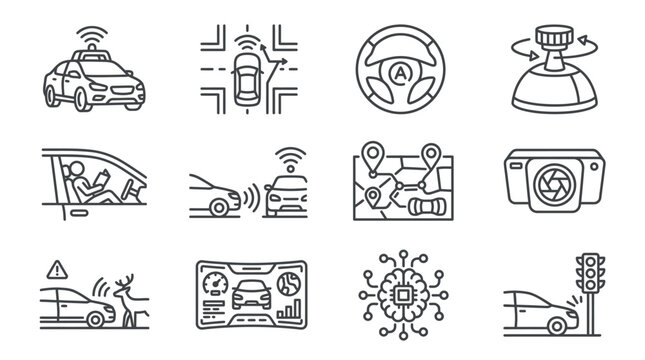 Autonomous Driving Technology Icons: AI, Sensors, Navigation, Safety