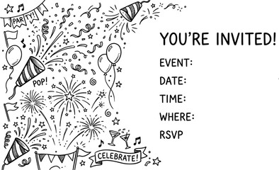 Obraz premium Hand-drawn party invitation template with festive doodles, black and white celebration card vector, you're invited event announcement with fireworks
