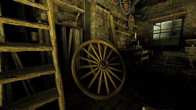 Historic wheelwright studio with towering wheel silhouette against candlelit window sootstained shelves, iron fittings and rough timber suggest long hours