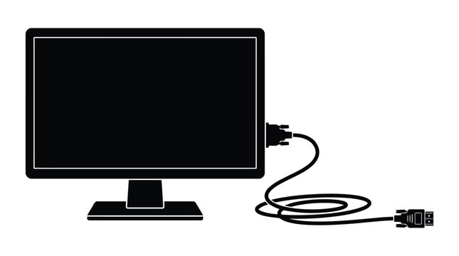 Computer monitor with usb cable black silhouette against a white background silhouette