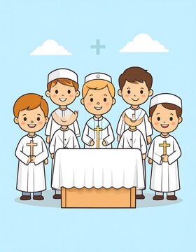 A group of young boys in white religious attire standing around a table