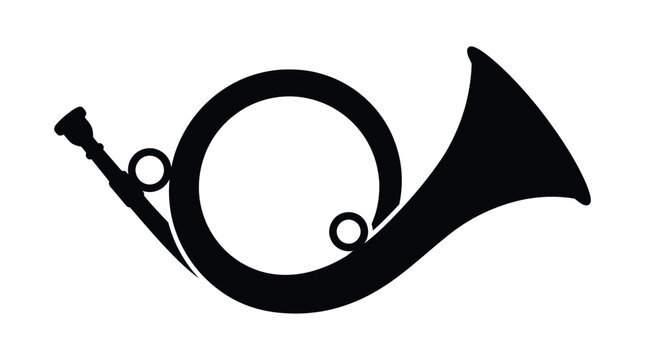 Black silhouette of a hunting horn with curved body and circular loops silhouette