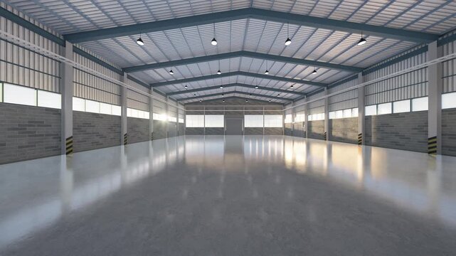 3D empty industrial warehouse interior with slow panning, features polished concrete floor. Represent commercial building, logistics center, industrial facility, production space, construction concept