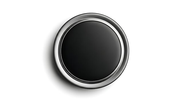 A black button with a silver border on a white background