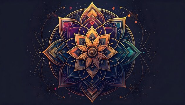 Intricate colorful mandala design with geometric lotus flower patterns on dark background.