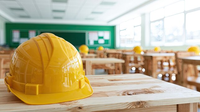 A bright yellow construction helmet sits on a rustic wooden desk in an empty classroom