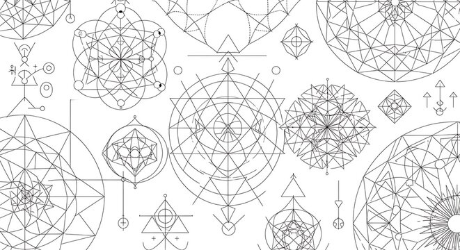 Intricate sacred geometry and alchemical symbols pattern on white background.