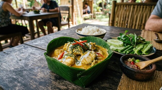 A table set with a bowl of yellow curry, rice, and vegetables, with a person in the background.