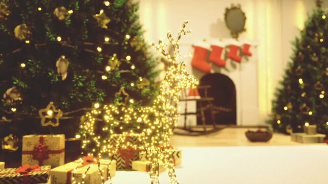 Piles of wrapped gifts and ornaments under luminous christmas tree with soft warm lights and subtle reindeer accent, festive joy and anticipation