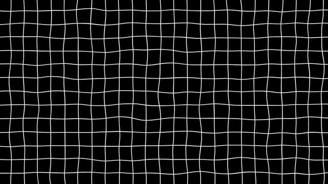 Black background with animated waving white wireframe grid line fit for alpha channel or overlay layer.Abstract black and white wavy grid background animation.Warp animation.