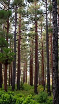 Pine forest with dense foliage and tree trunks, nature, Paris Plage