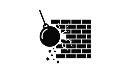 wrecking ball hitting brick wall silhouette destruction impact demolition building construction icon © Ataullah