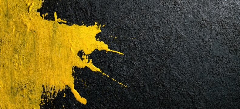 A bright yellow paint splash on a rough, textured dark surface