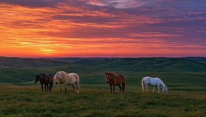 Obraz premium Four horses graze in a grassy field against a vibrant, fiery sunset
