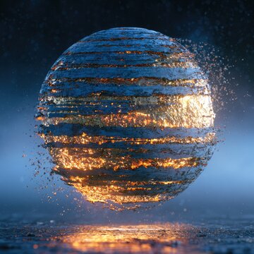 Glowing, textured sphere disintegrates into glowing particles against a dark, misty background
