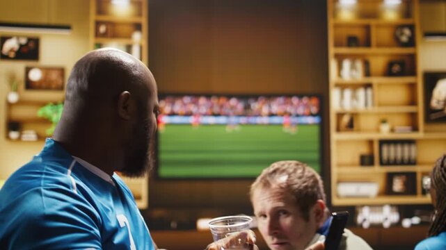 A soccer fan drinks beer at home while reacting to negative online match results on a smartphone screen and a disappointing football score.