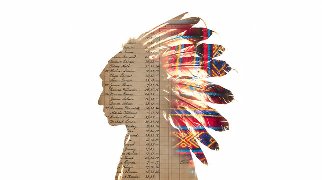 Native American chief silhouette with vintage ledger and tribal pattern double exposure.