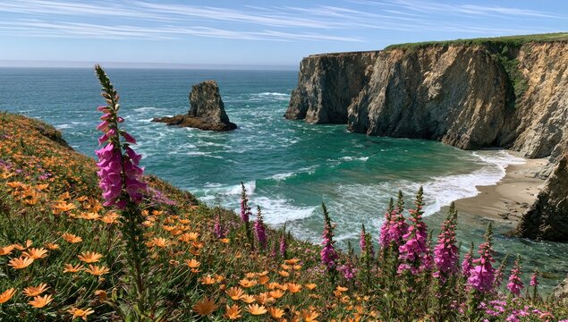 Vibrant wildflowers bloom on a cliff overlooking a rugged coastline with a sea stack