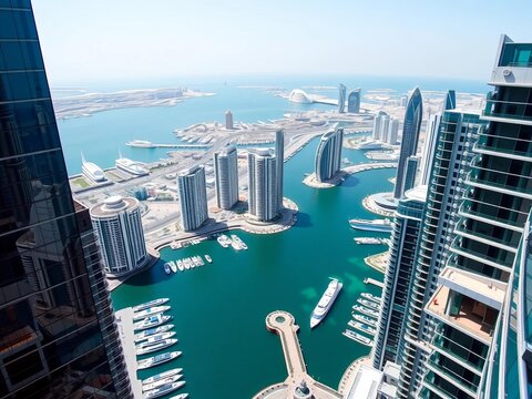Panoramic view of Dubai Marina from the top floor of a high-rise building, luftaufnahme, architecture