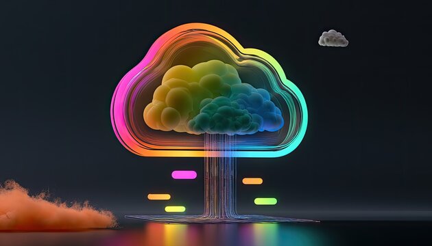 Digital cloud with rainbow glow and data stream against dark backdrop