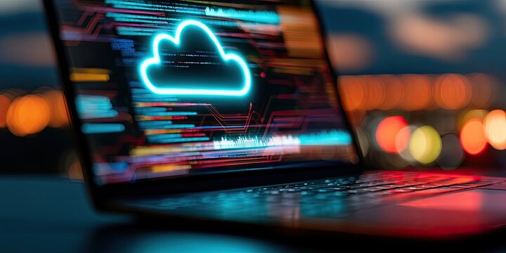 Glowing cloud icon on a laptop screen, digital data streams, blurred city lights