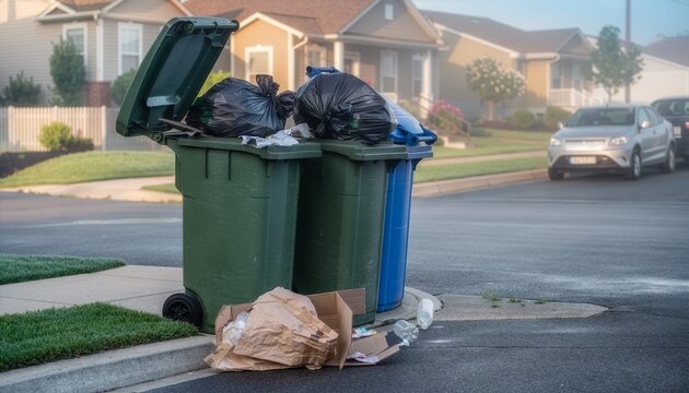 Overfilled trash bins in residential area.