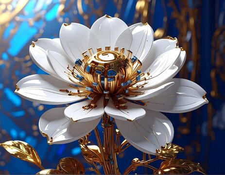Intricate white and gold mechanical lotus flower on blue background.