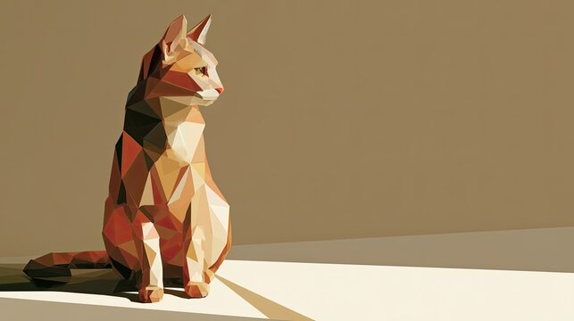 Geometric cat rendered in low-poly style, bathed in warm sunlight, on a plain background