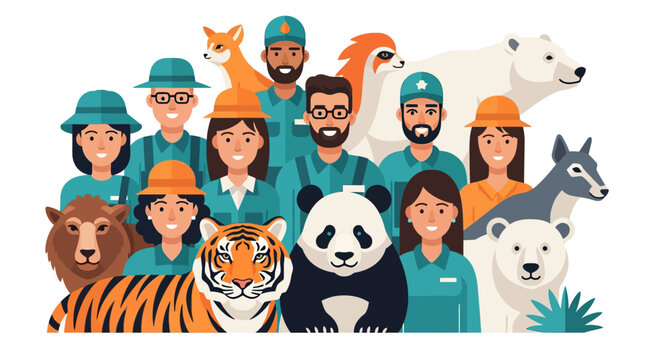 A diverse group of zookeepers and conservationists standing together with various wild animals, symbolizing wildlife protection.