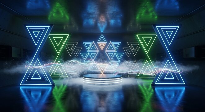 Prismatic Geometry Bloom: Neon Echoes in Ethereal Mist