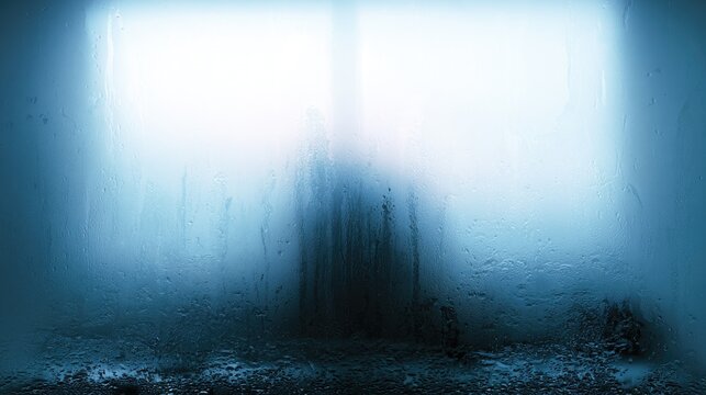 Abstract blurry blue window with condensation and faint shadowed figure